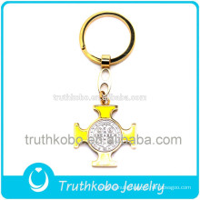 Hot Sale Fashion Religious Stainless Steel Gold Plating Rosary Medal Keychains With Yellow Enamel San Benito Medals For Muslim